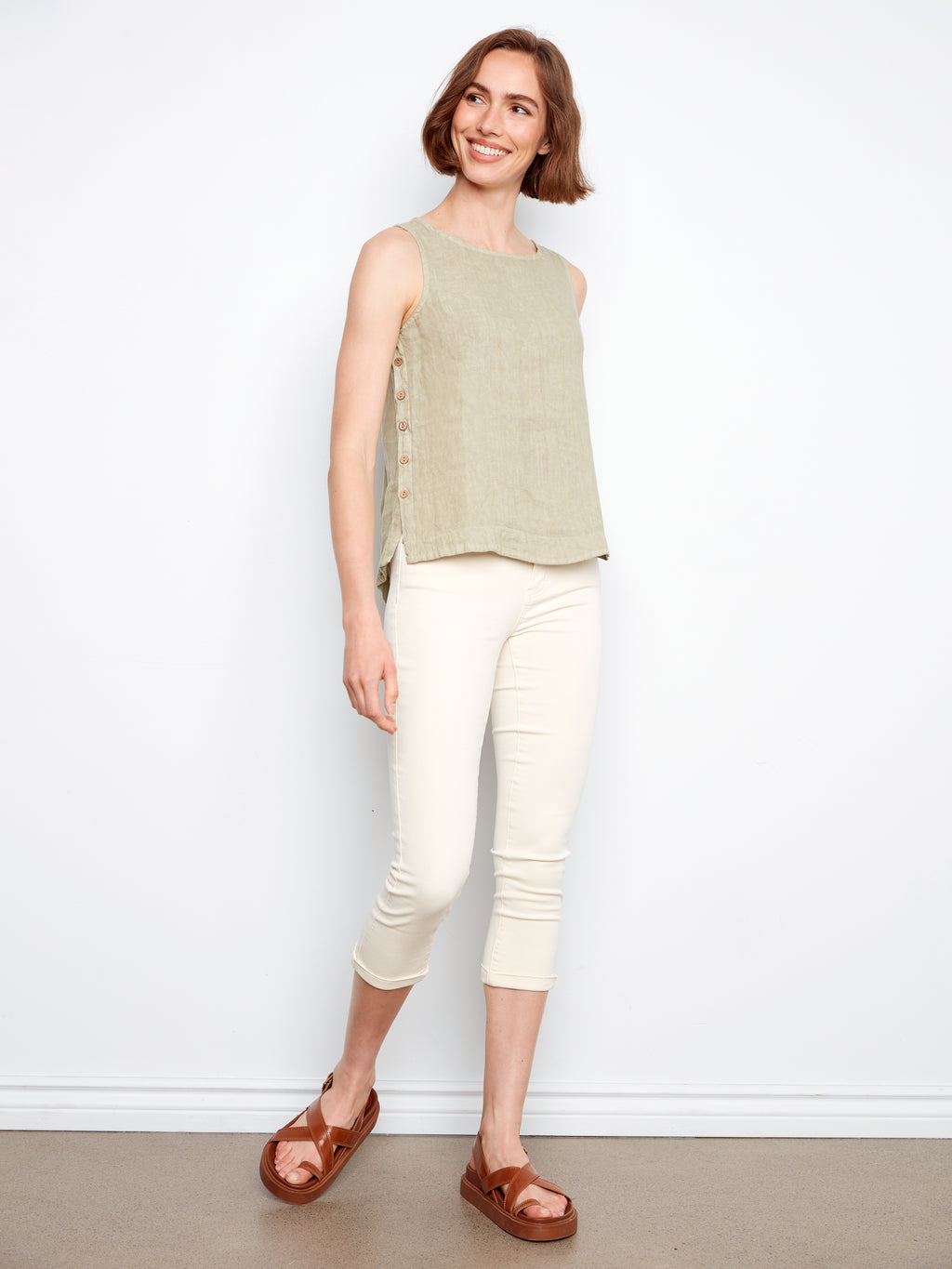 Sleeveless Linen Top with Side Buttons