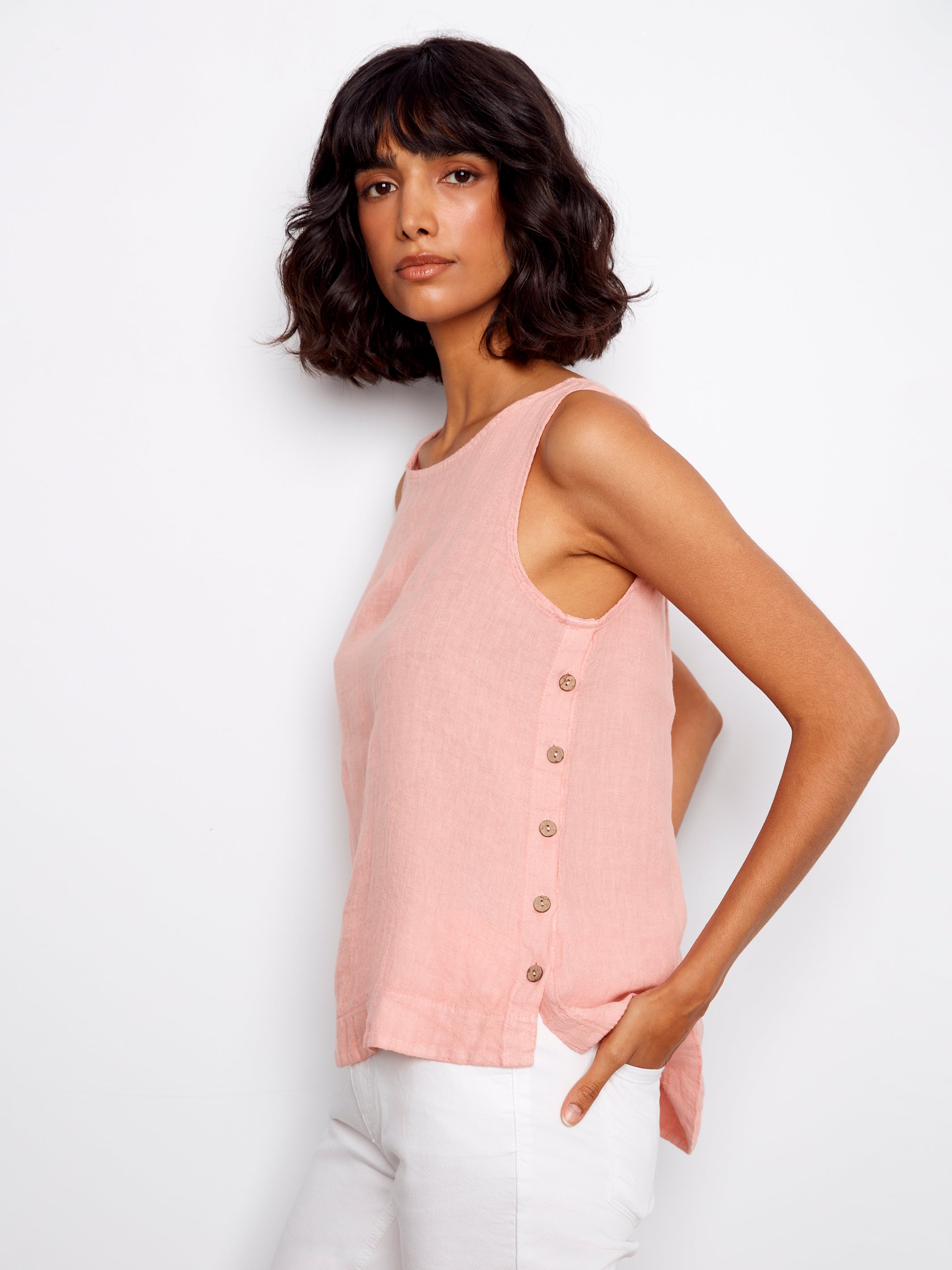 Sleeveless Linen Top with Side Buttons