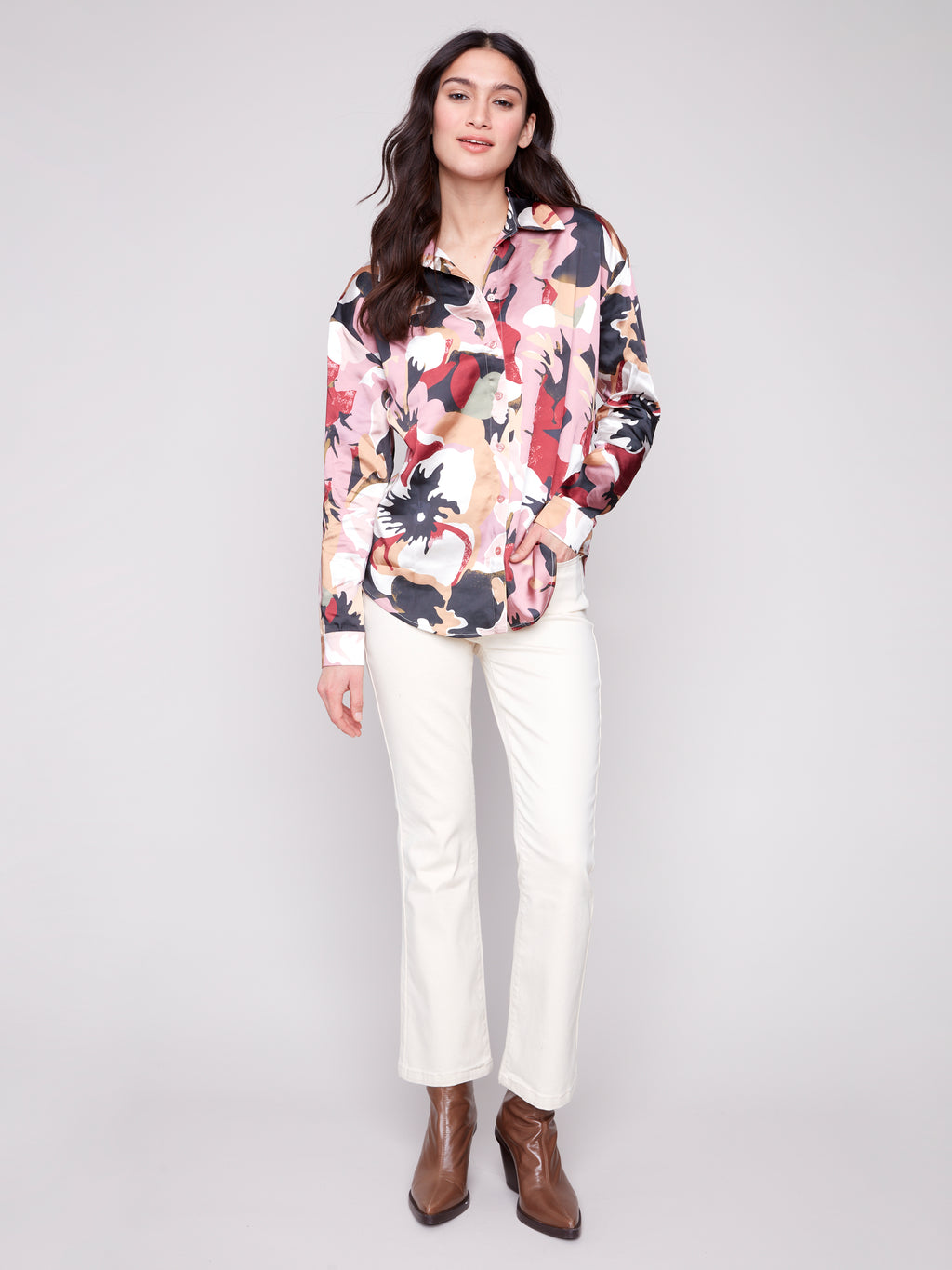 Printed Satin Button-Down Shirt