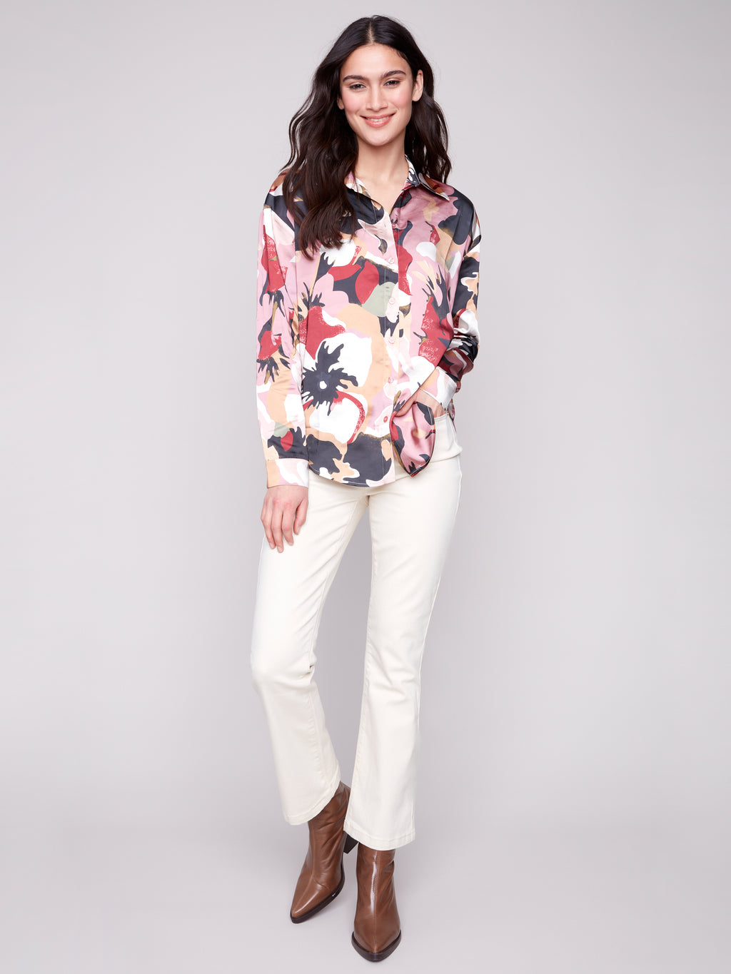 Printed Satin Button-Down Shirt