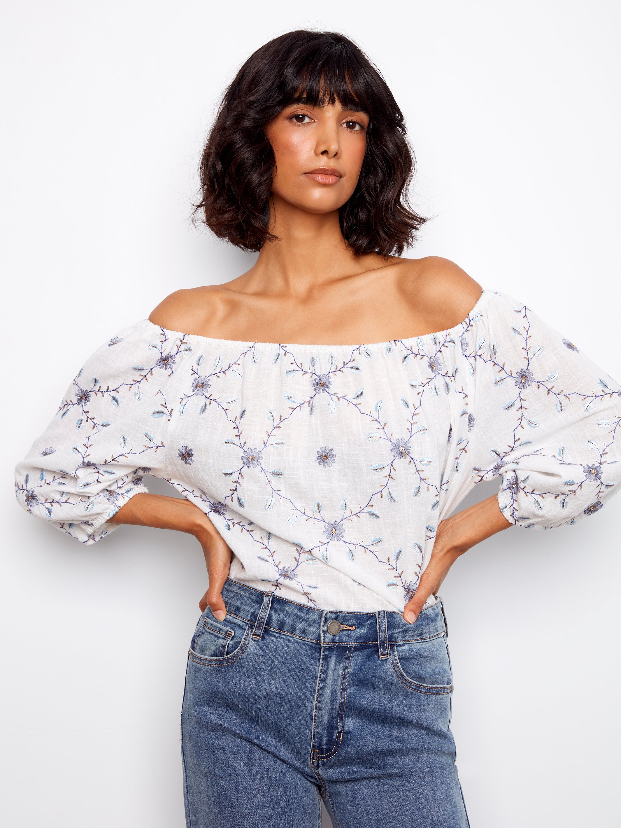 Embroidered Cotton Off-Shoulder Blouse