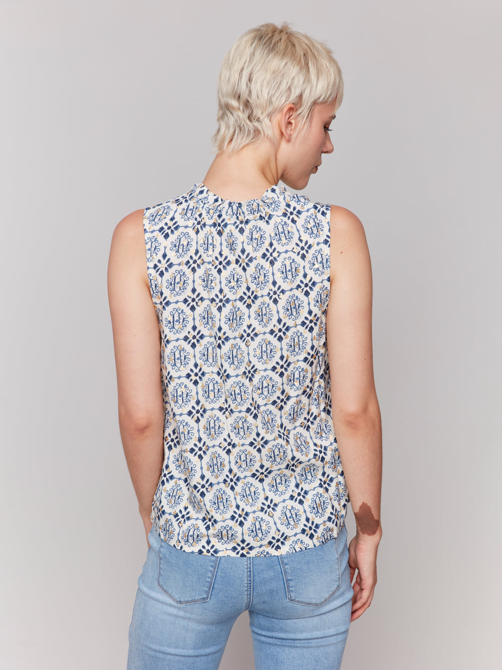 Printed Sleeveless Ruffle Neck Top
