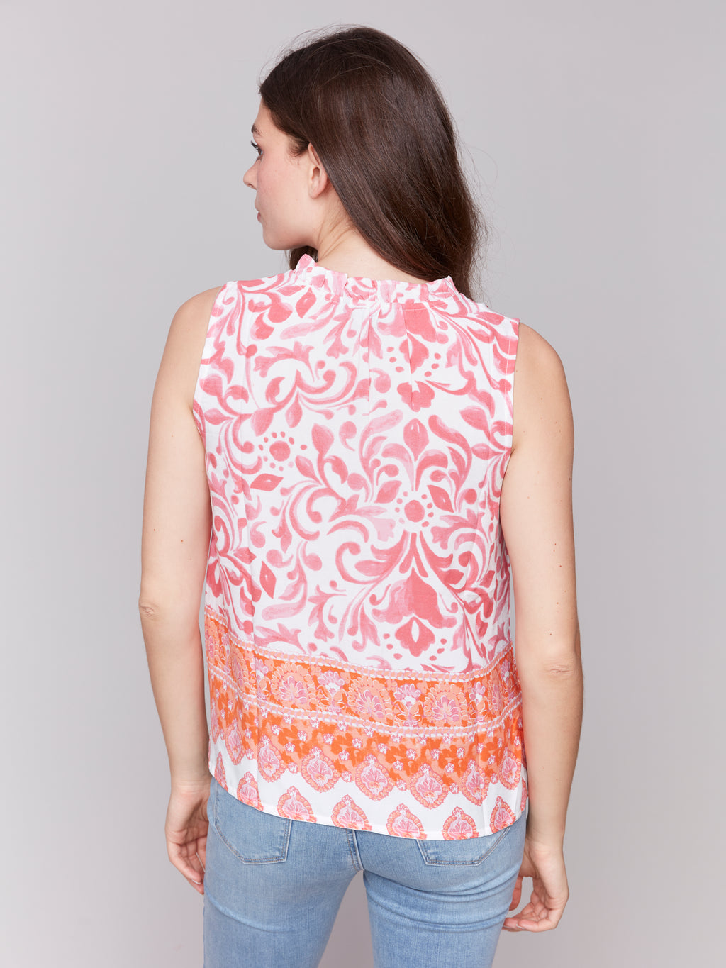 Printed Sleeveless Ruffle Neck Top