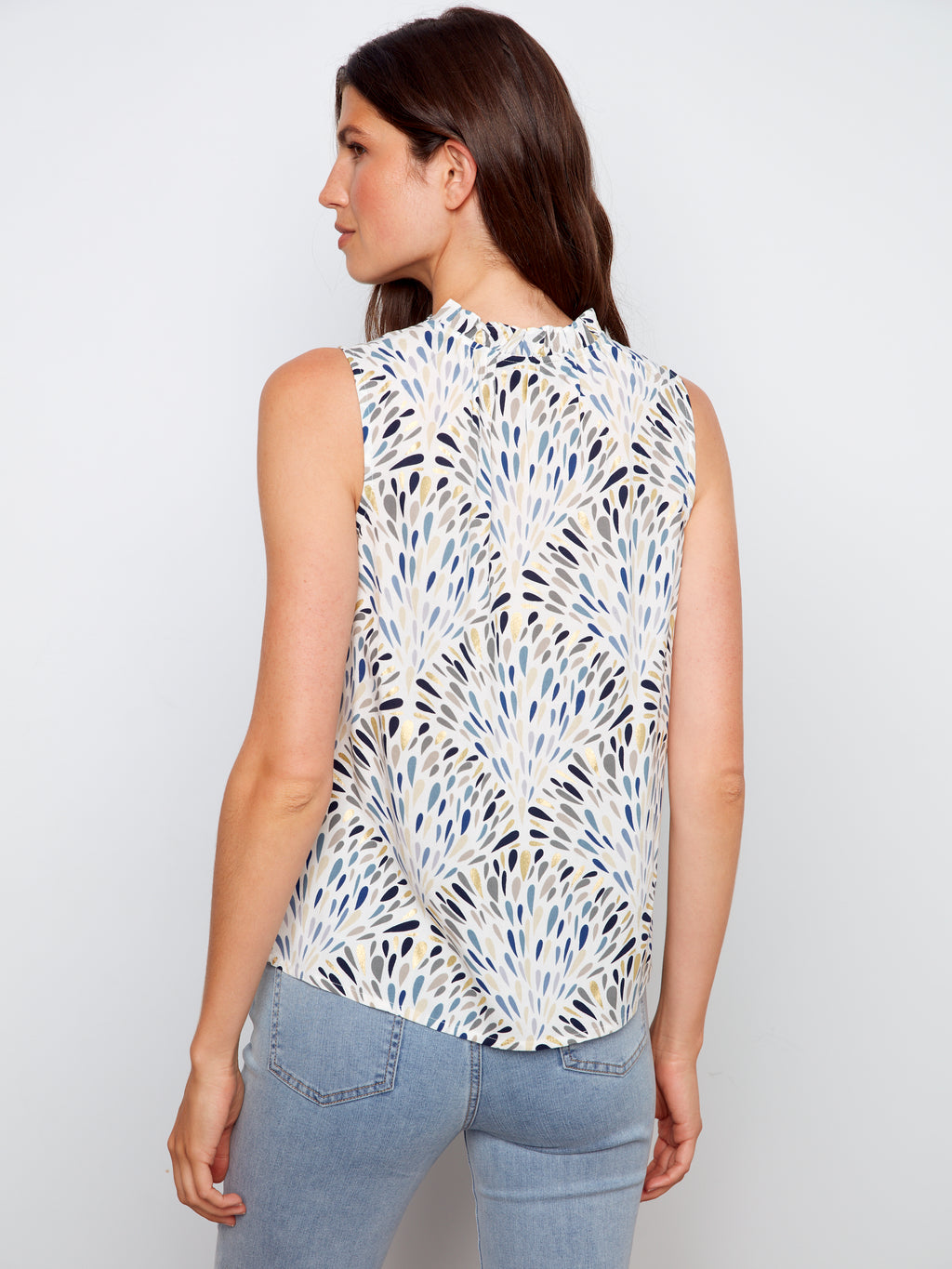 Printed Sleeveless Blouse with Ruffle