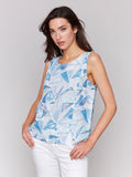 Printed Sleeveless Linen Blend Top with Slit