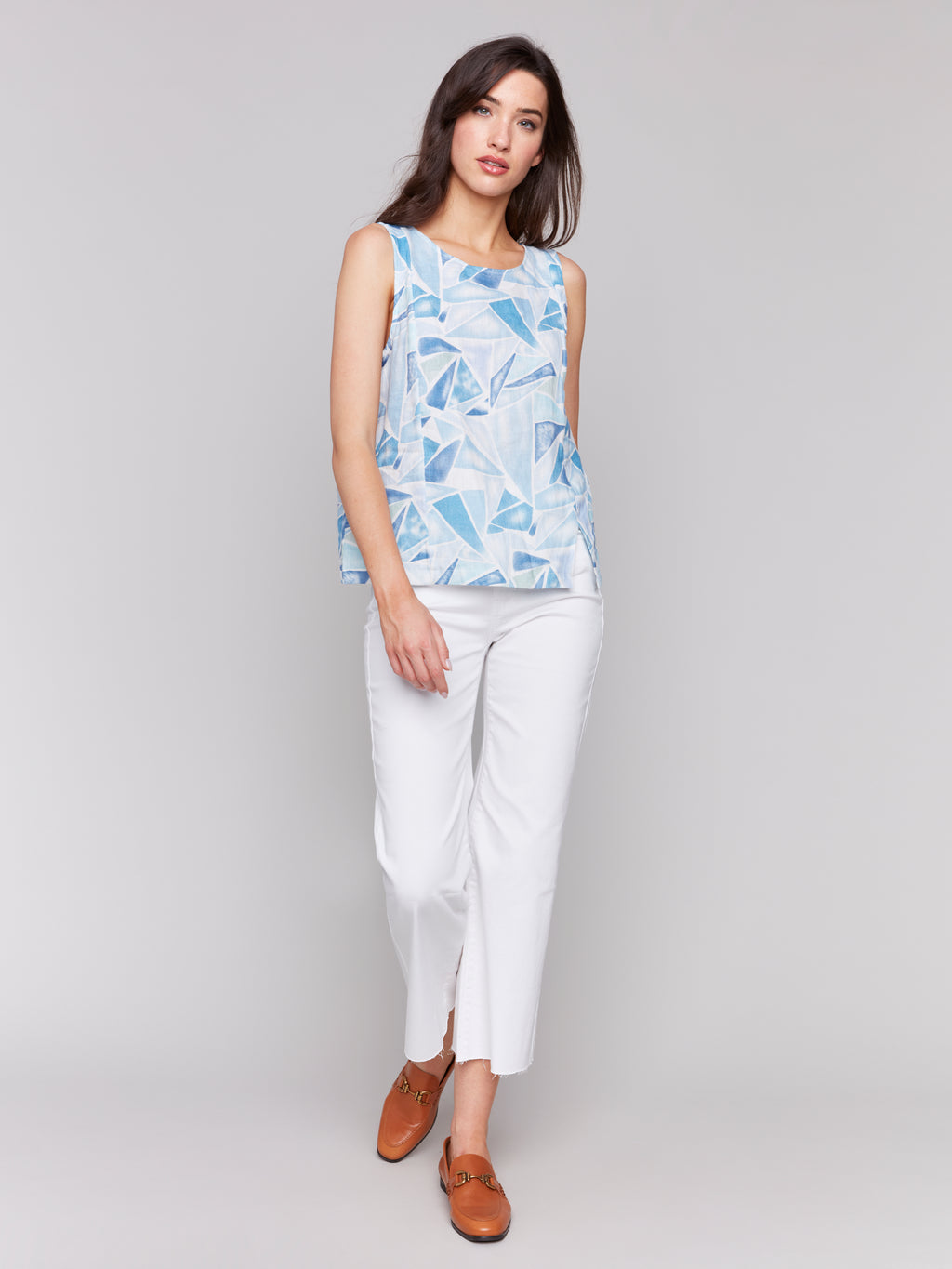 Printed Sleeveless Linen Blend Top with Slit