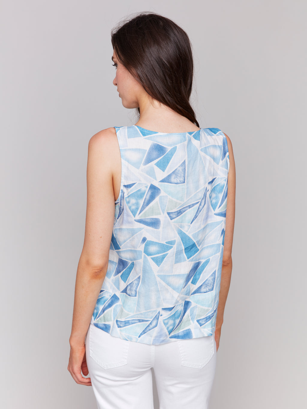 Printed Sleeveless Linen Blend Top with Slit