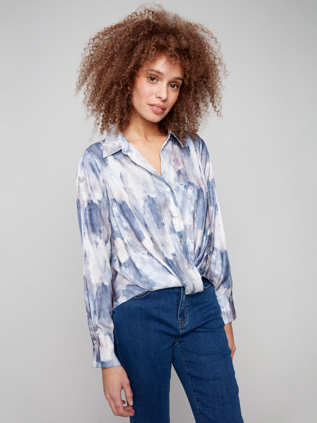 Printed Satin Button-Down Shirt With Twisted Front