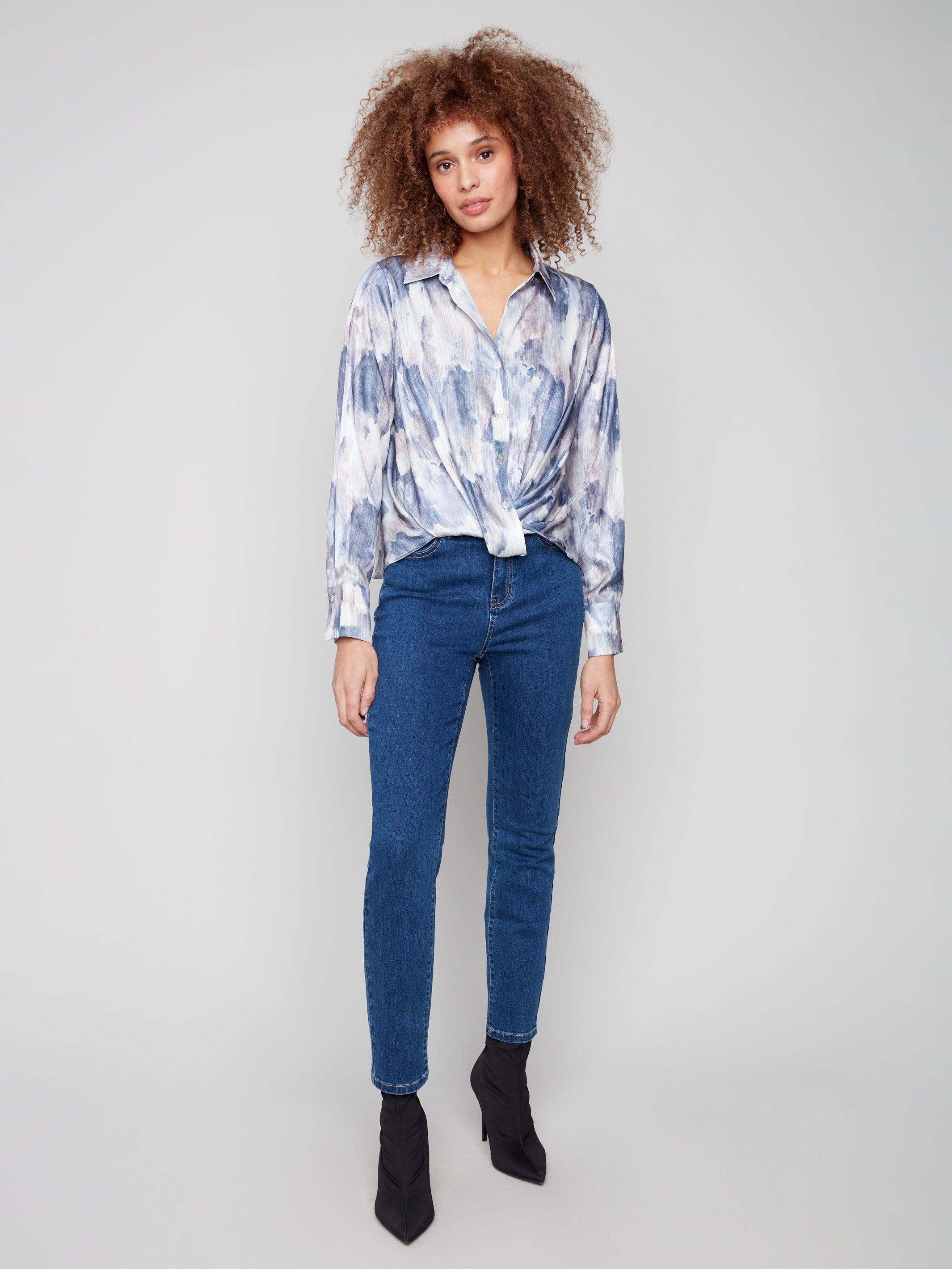 Printed Satin Button-Down Shirt With Twisted Front