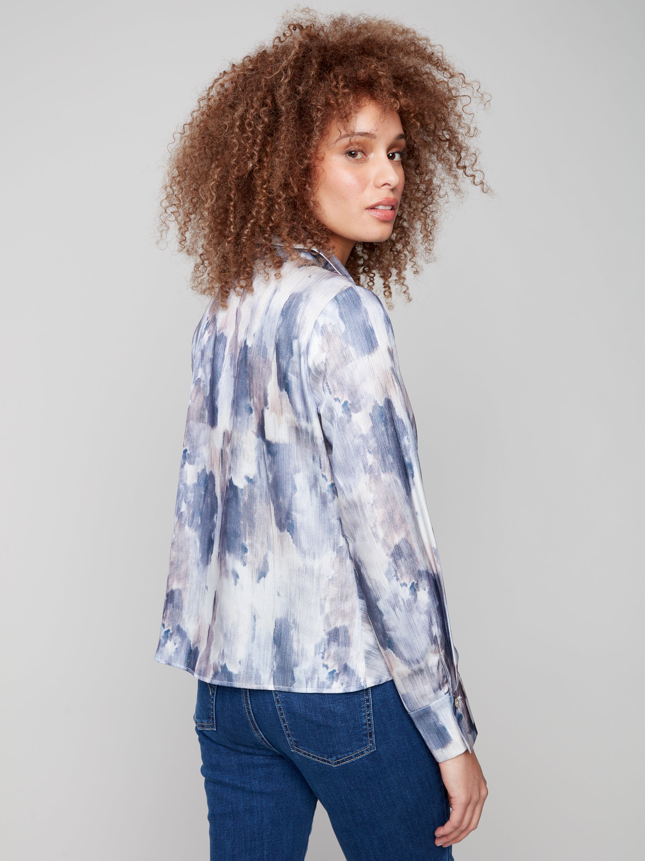 Printed Satin Button-Down Shirt With Twisted Front