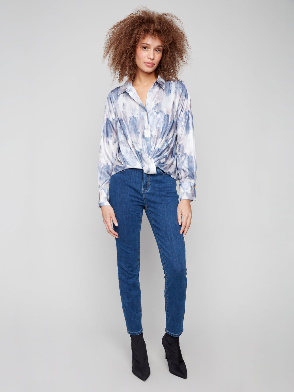 Printed Satin Button-Down Shirt With Twisted Front