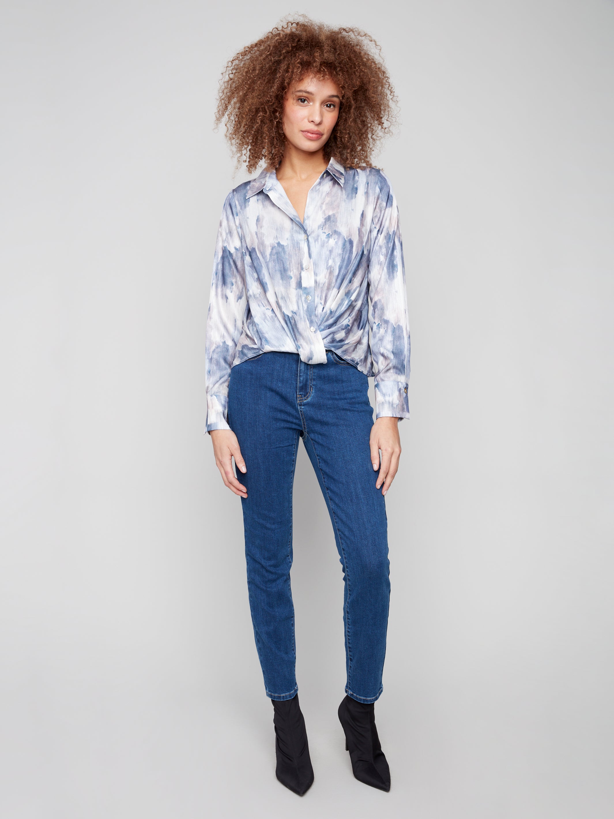 Printed Satin Button-Down Shirt With Twisted Front