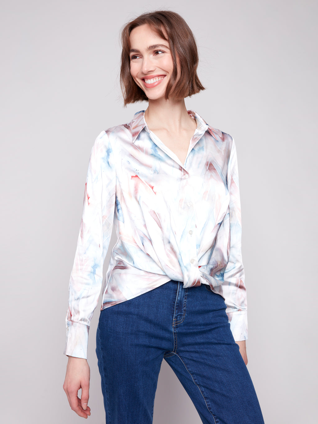 Printed Satin Button-Down Shirt With Twisted Front