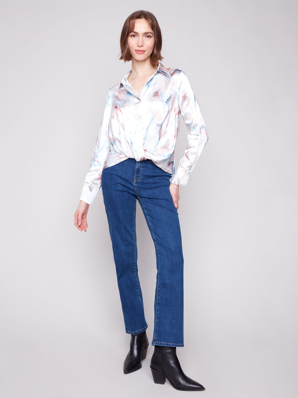 Printed Satin Button-Down Shirt With Twisted Front