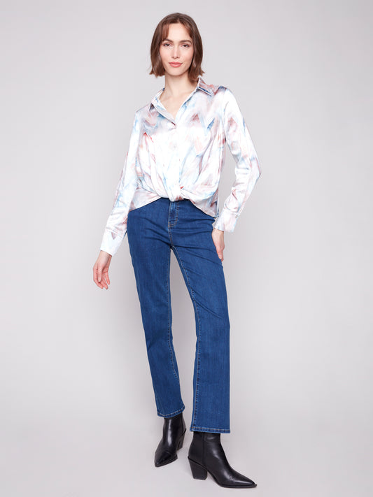 Printed Satin Button-Down Shirt With Twisted Front