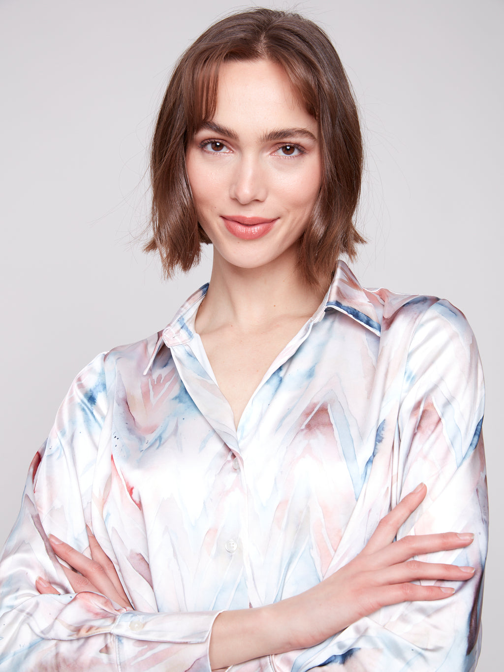 Printed Satin Button-Down Shirt With Twisted Front