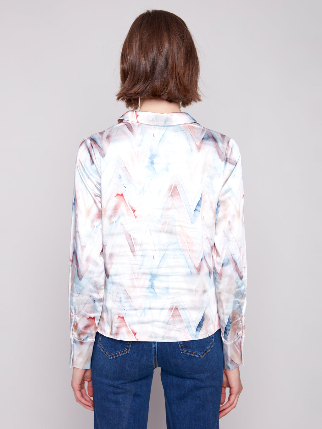 Printed Satin Button-Down Shirt With Twisted Front