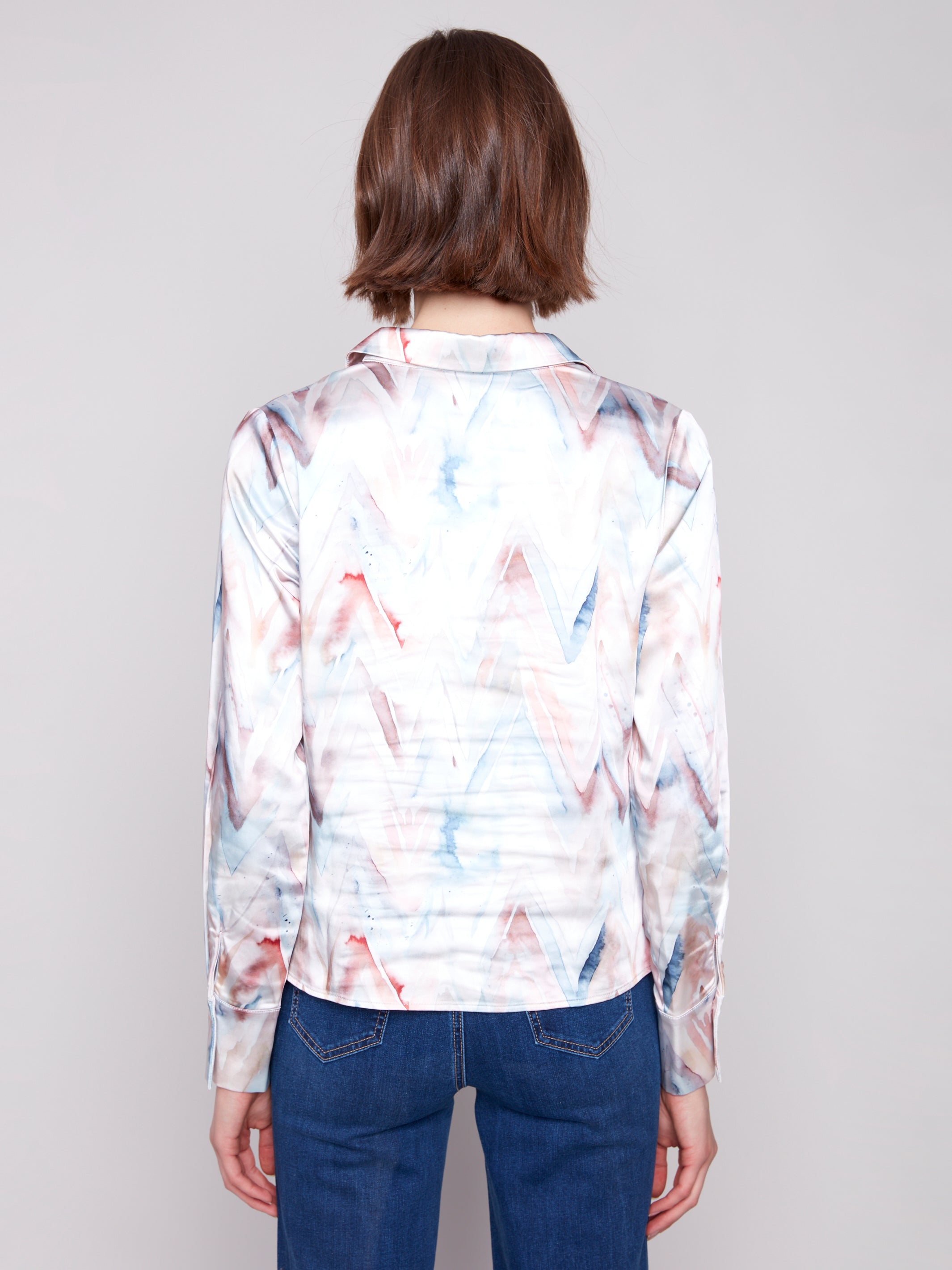 Printed Satin Button-Down Shirt With Twisted Front