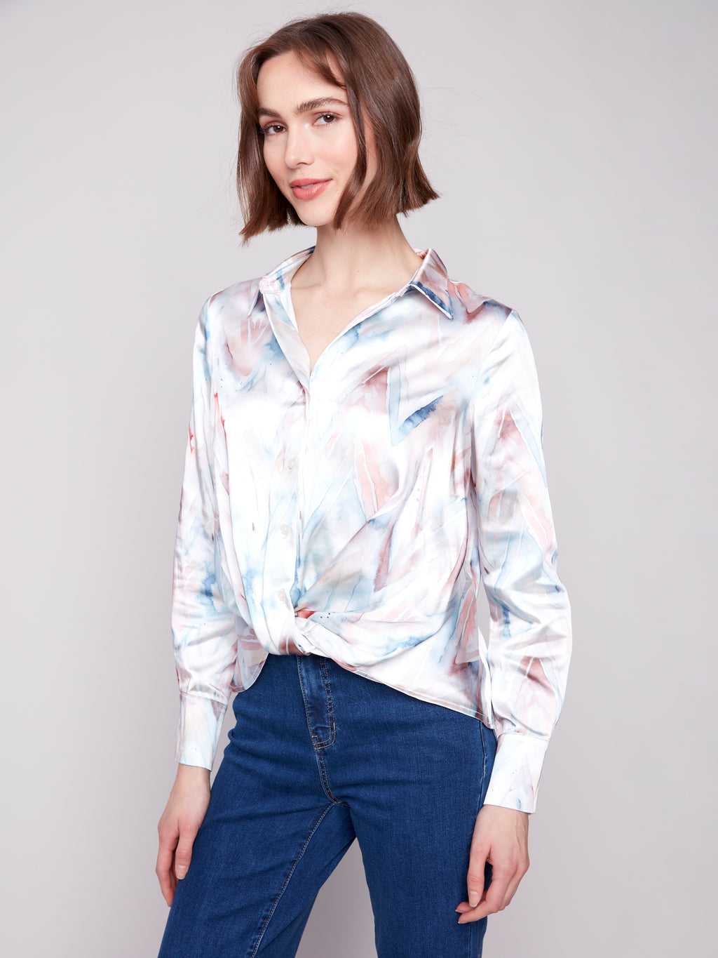 Printed Satin Button-Down Shirt With Twisted Front