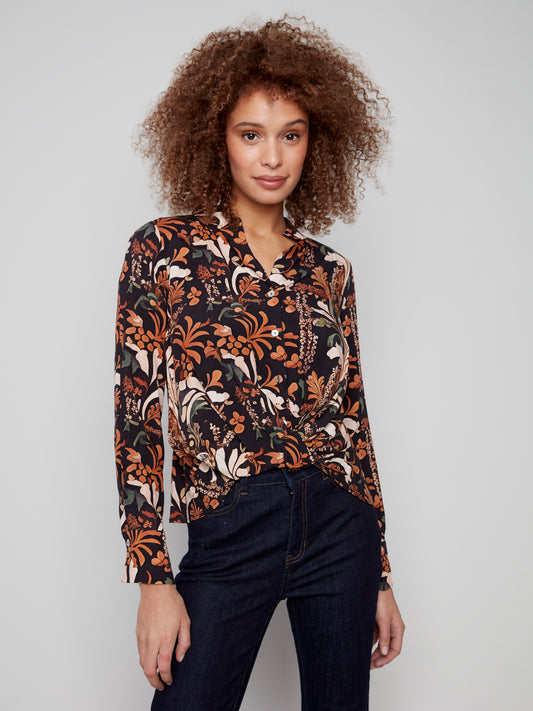 Printed Satin Button-Down Shirt With Twisted Front