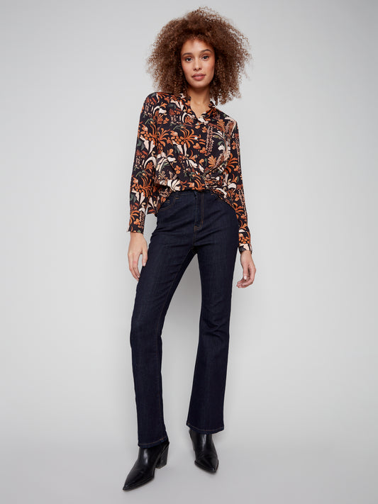 Printed Satin Button-Down Shirt With Twisted Front