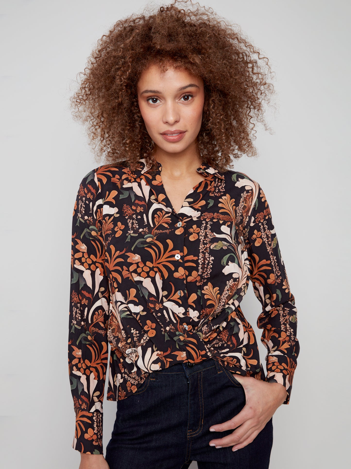 Printed Satin Button-Down Shirt With Twisted Front