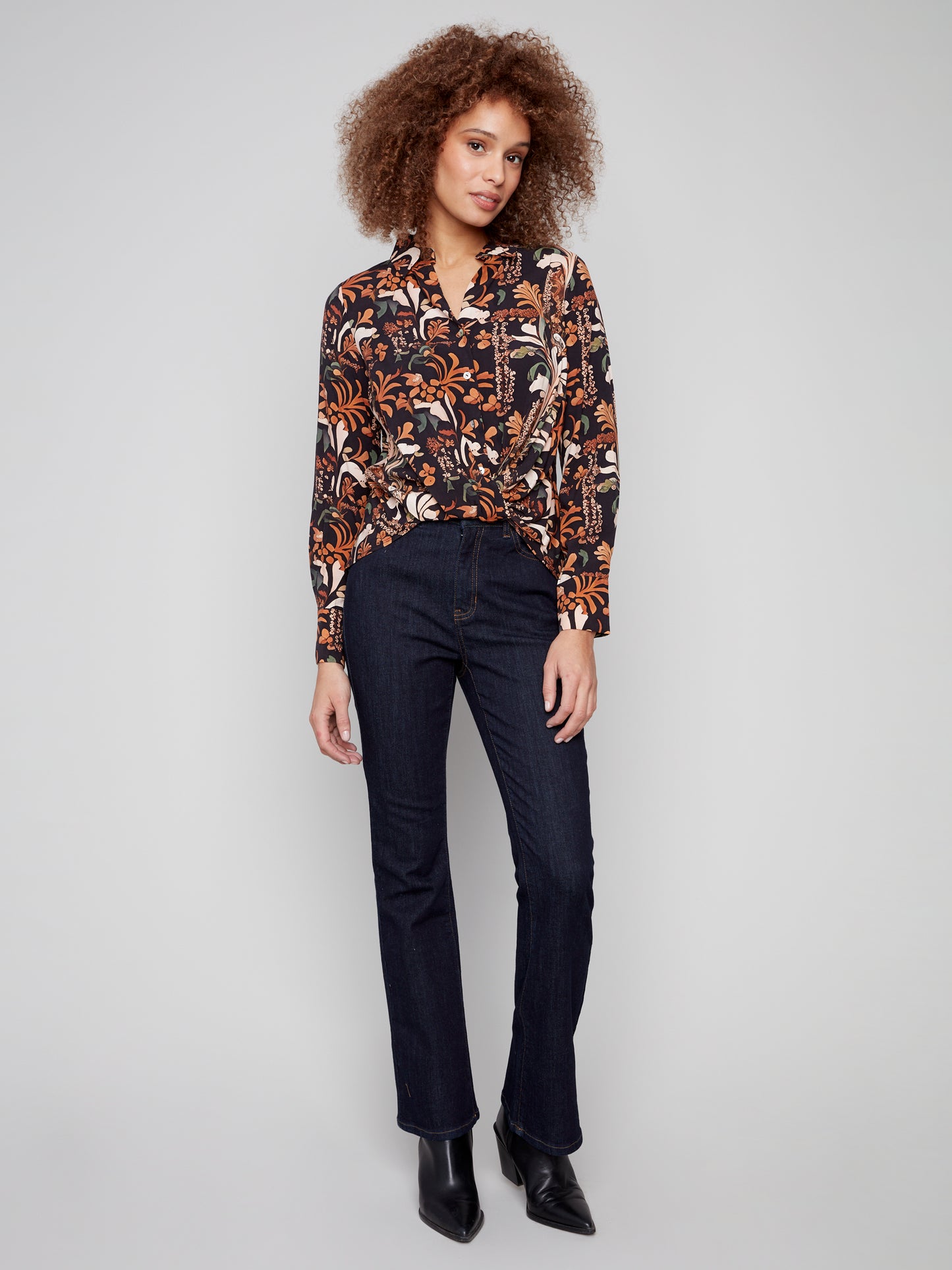 Printed Satin Button-Down Shirt With Twisted Front