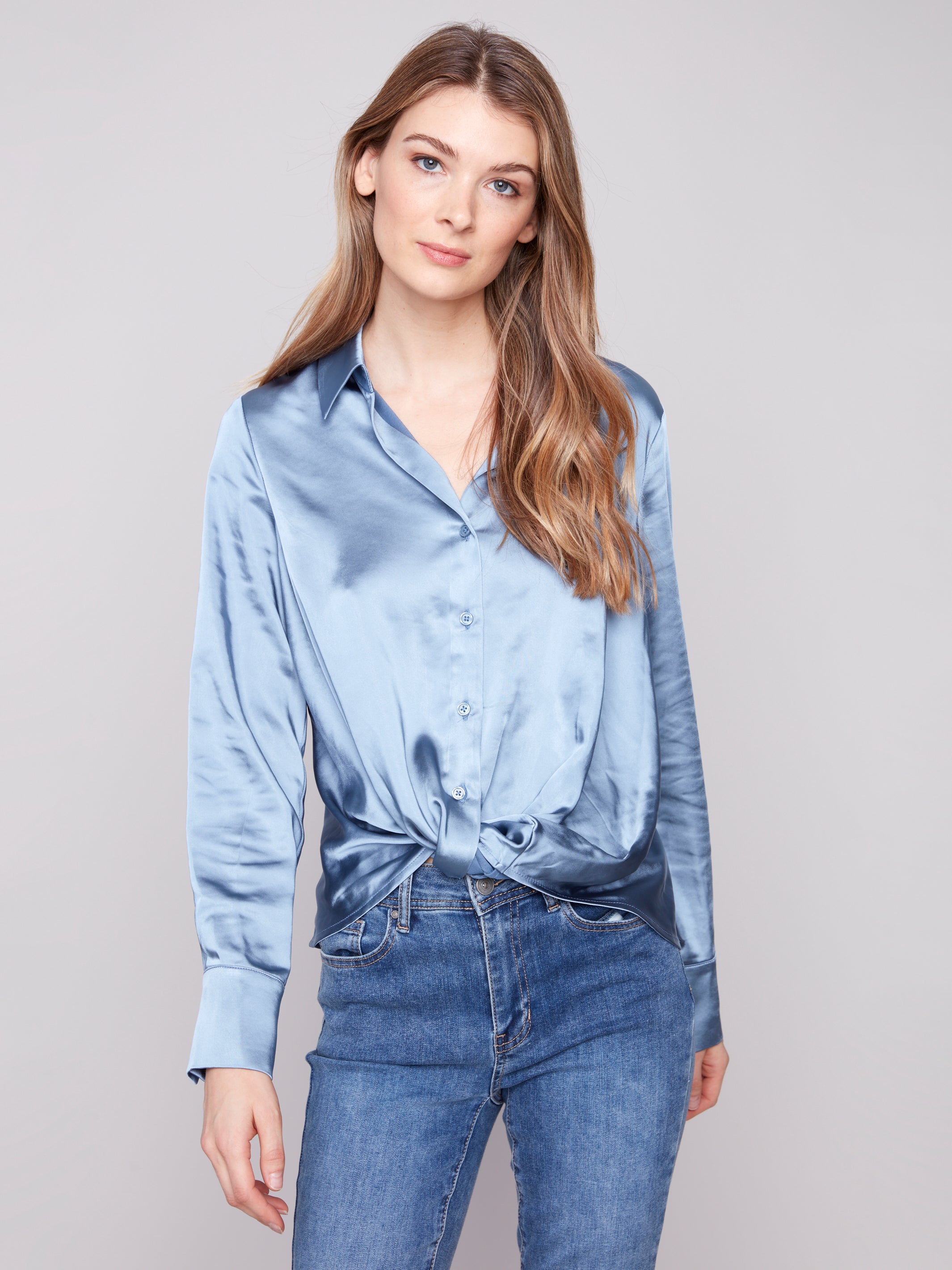 Satin Button-Down Shirt With Twisted Front