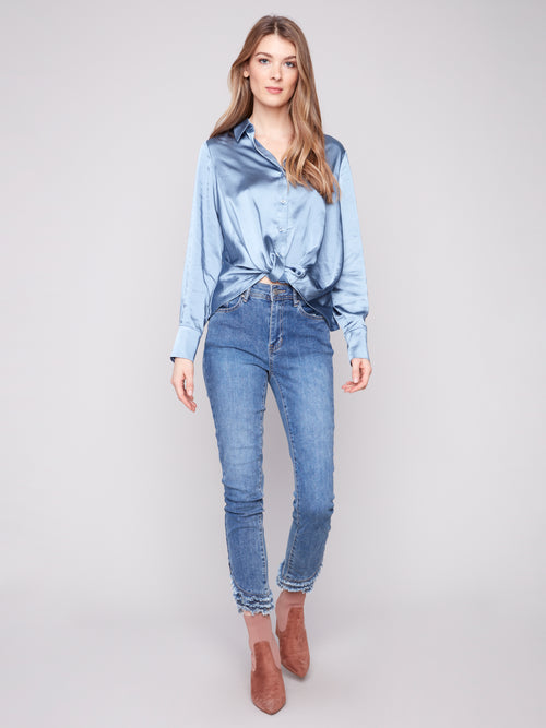 Satin Button-Down Shirt With Twisted Front