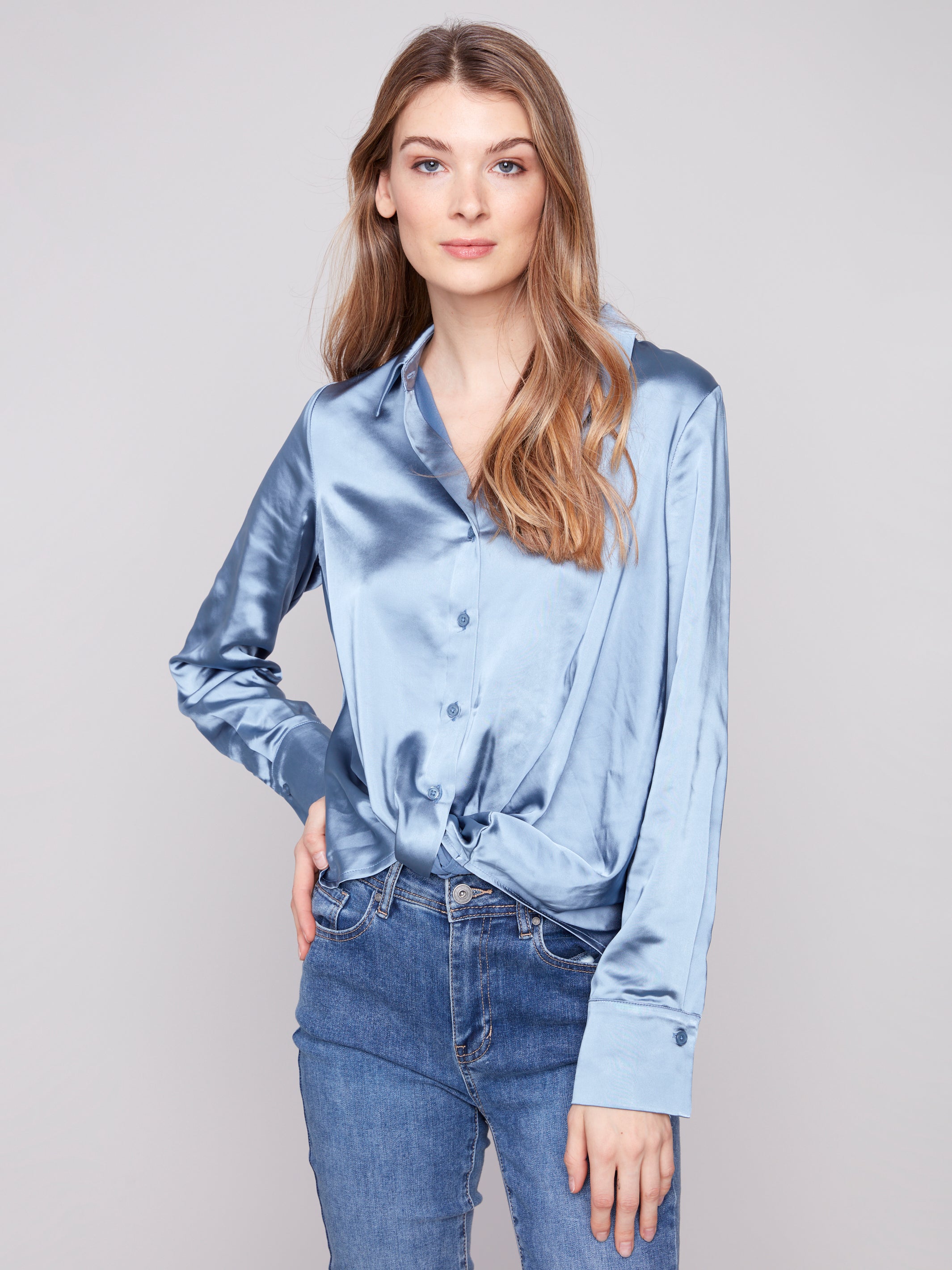 Satin Button-Down Shirt With Twisted Front
