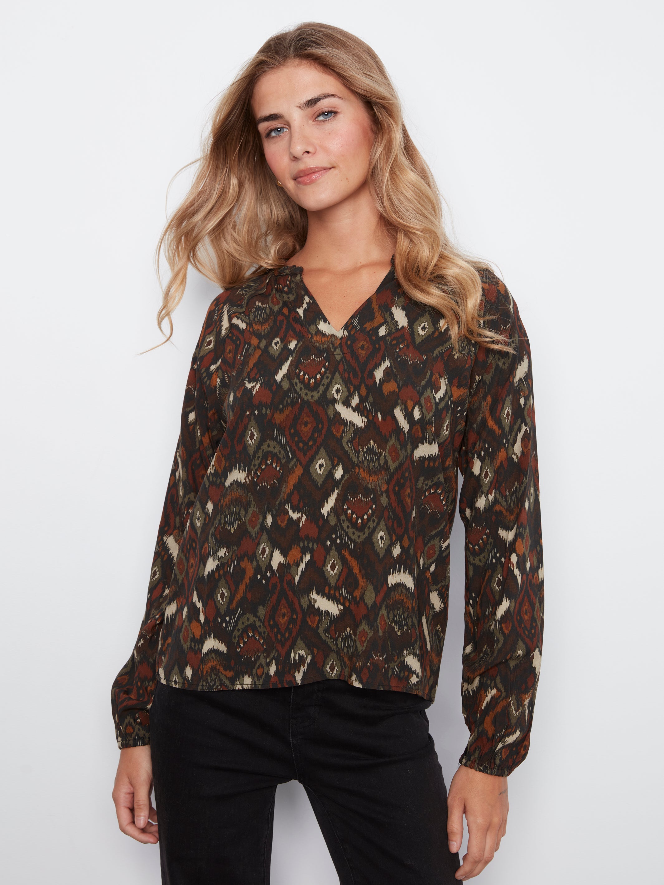 Printed Raglan Long Sleeve Blouse