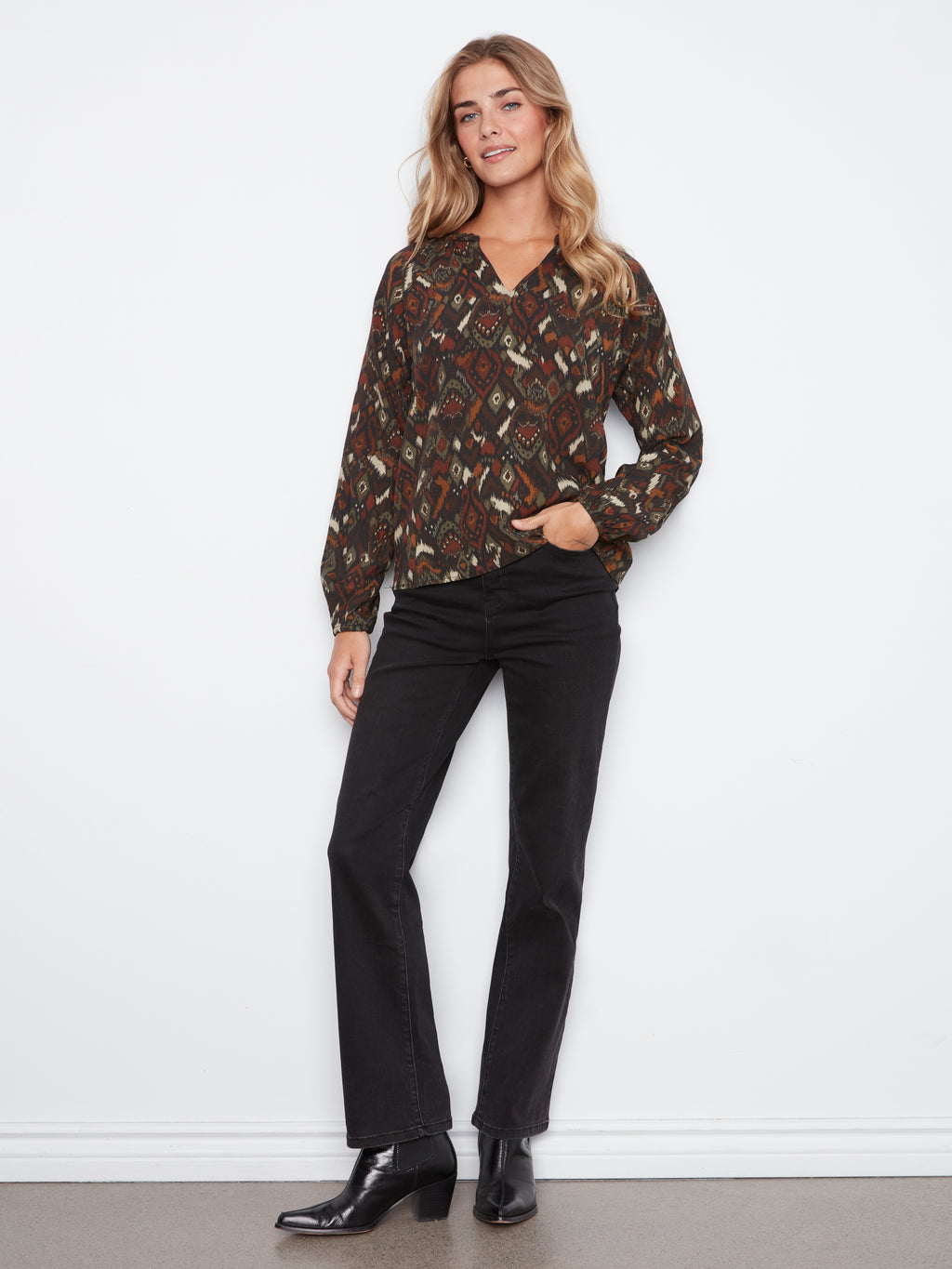 Printed Raglan Long Sleeve Blouse