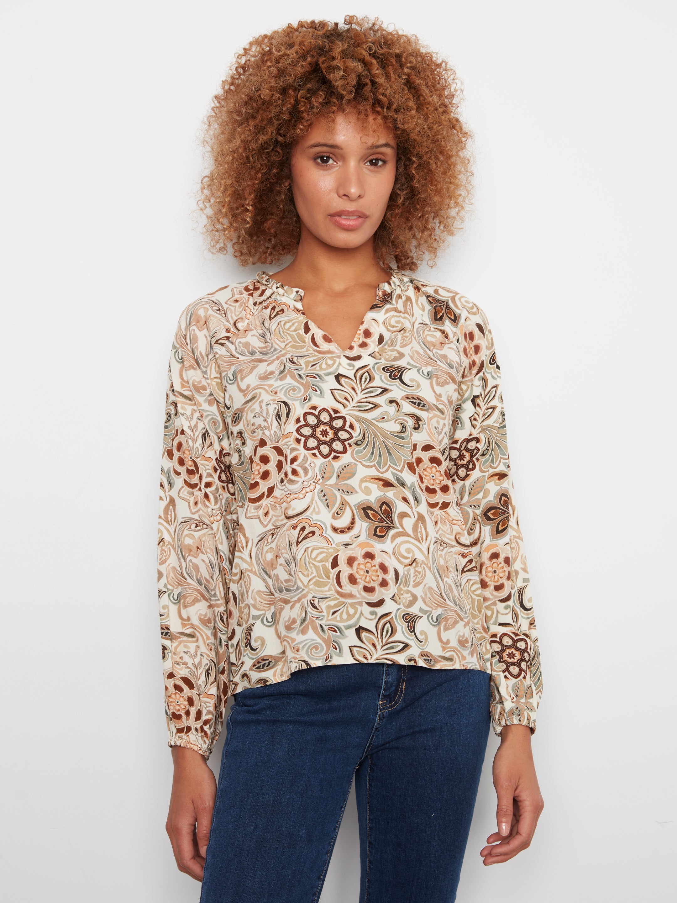 Printed Raglan Long Sleeve Blouse