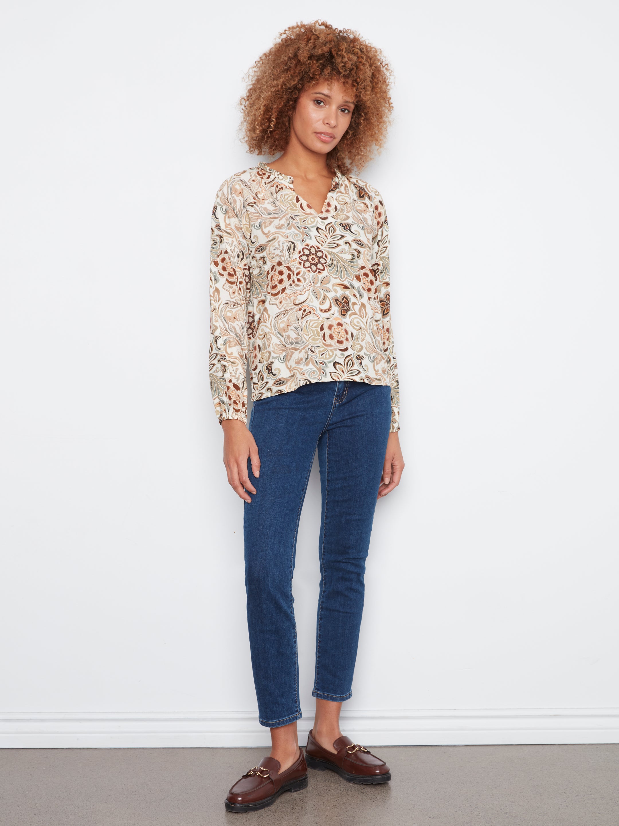 Printed Raglan Long Sleeve Blouse
