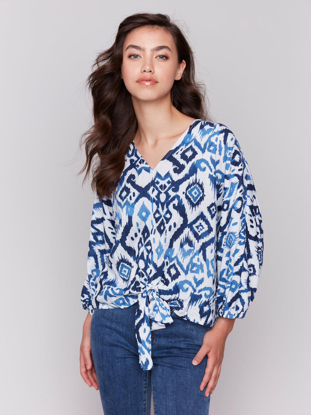 Printed Popover Blouse with Front Tie