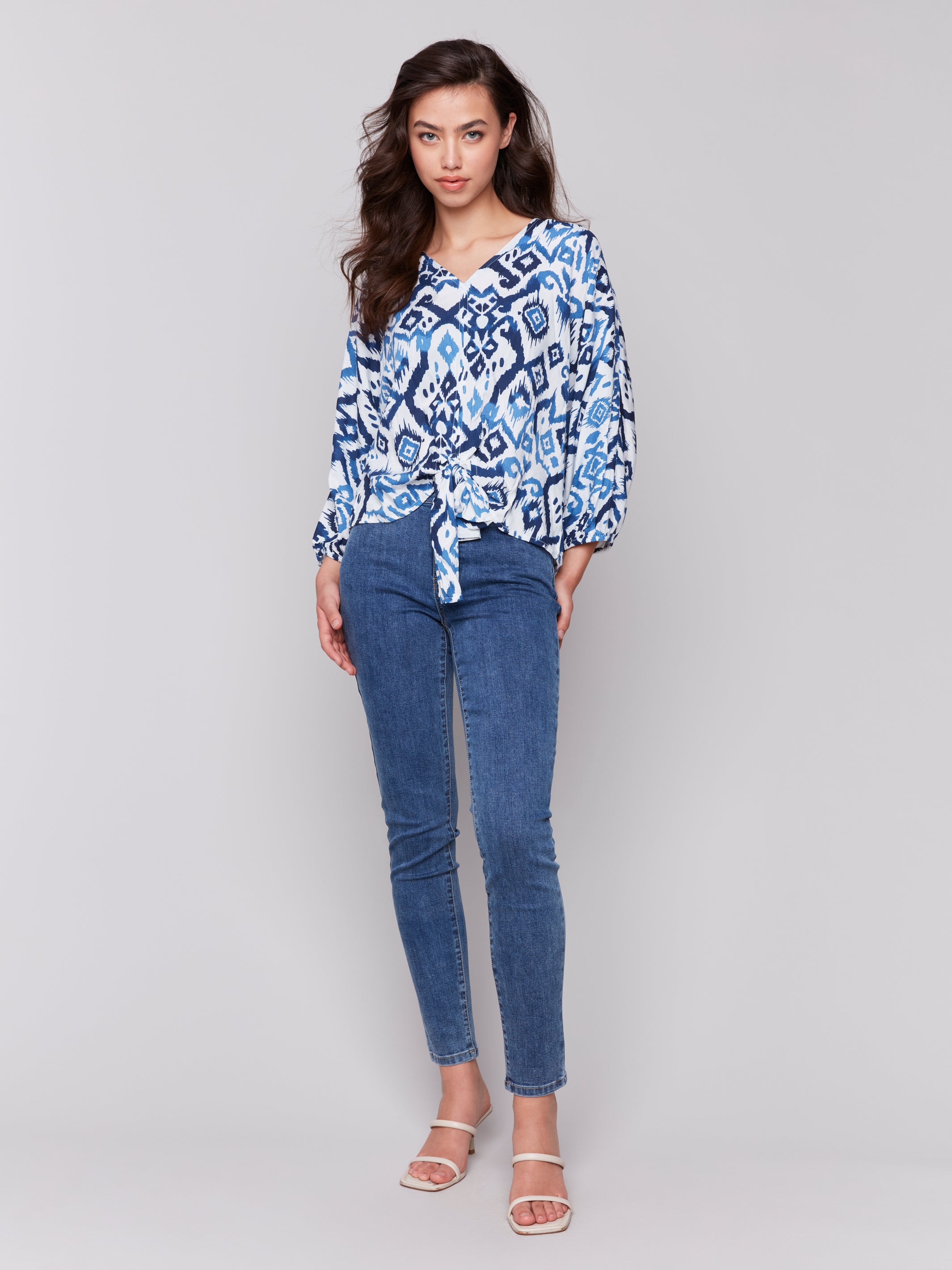 Printed Popover Blouse with Front Tie