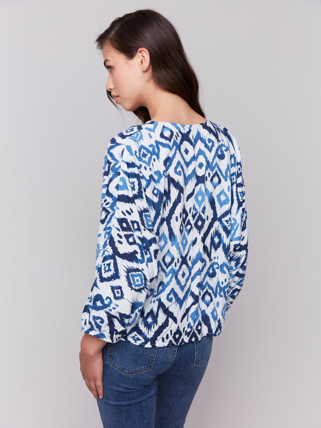 Printed Popover Blouse with Front Tie