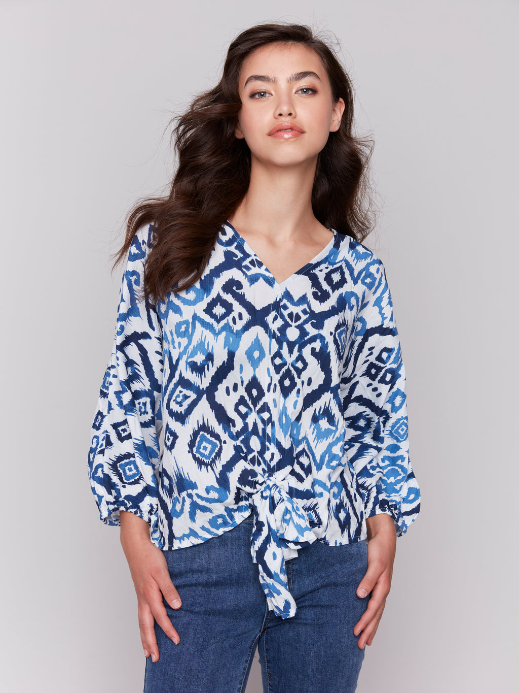 Printed Popover Blouse with Front Tie