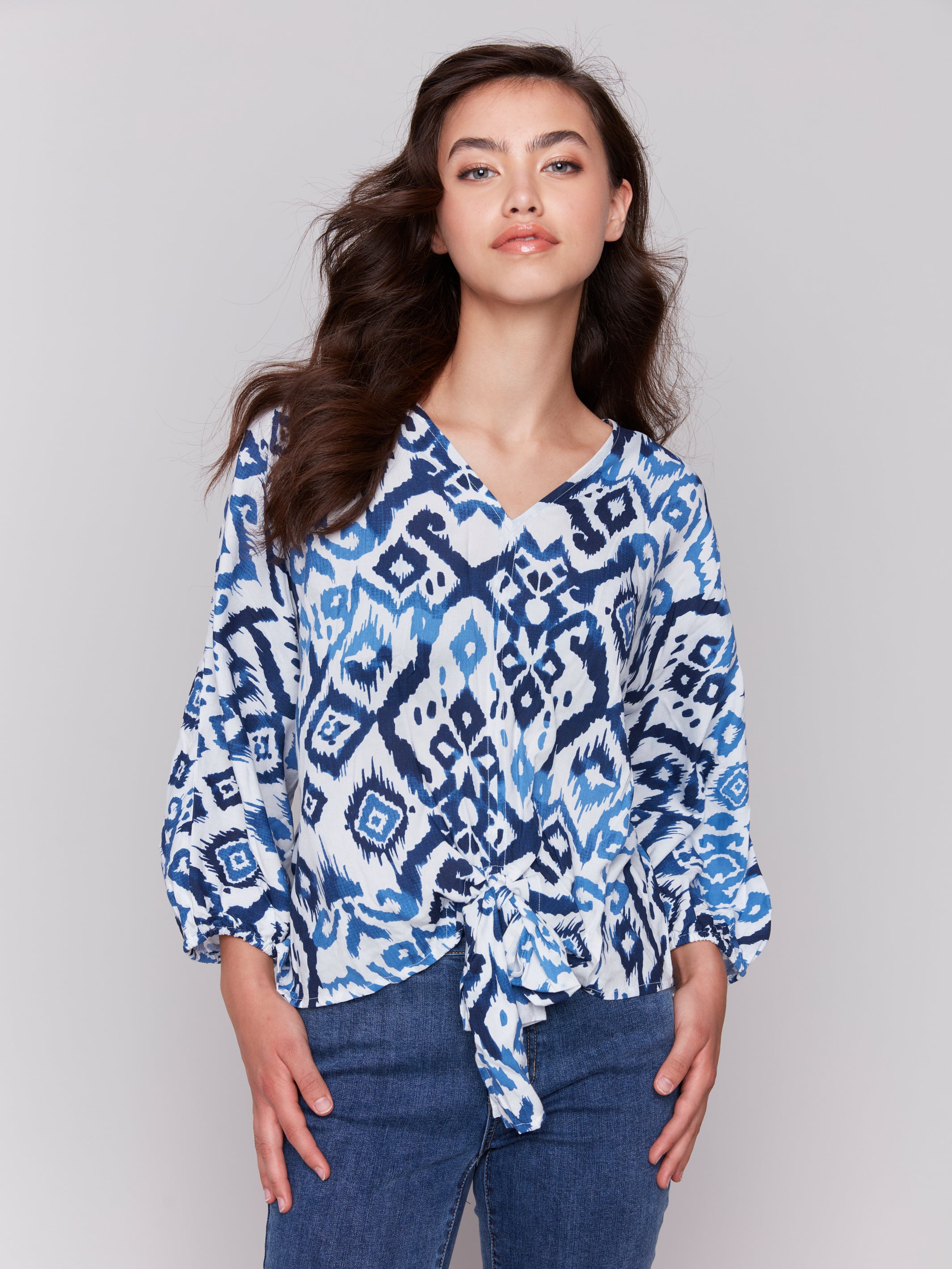 Printed Popover Blouse with Front Tie