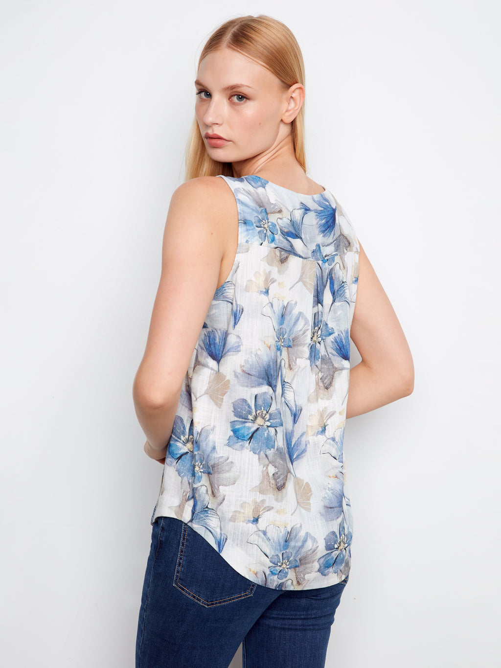 Printed Sleeveless Linen Blend Blouse