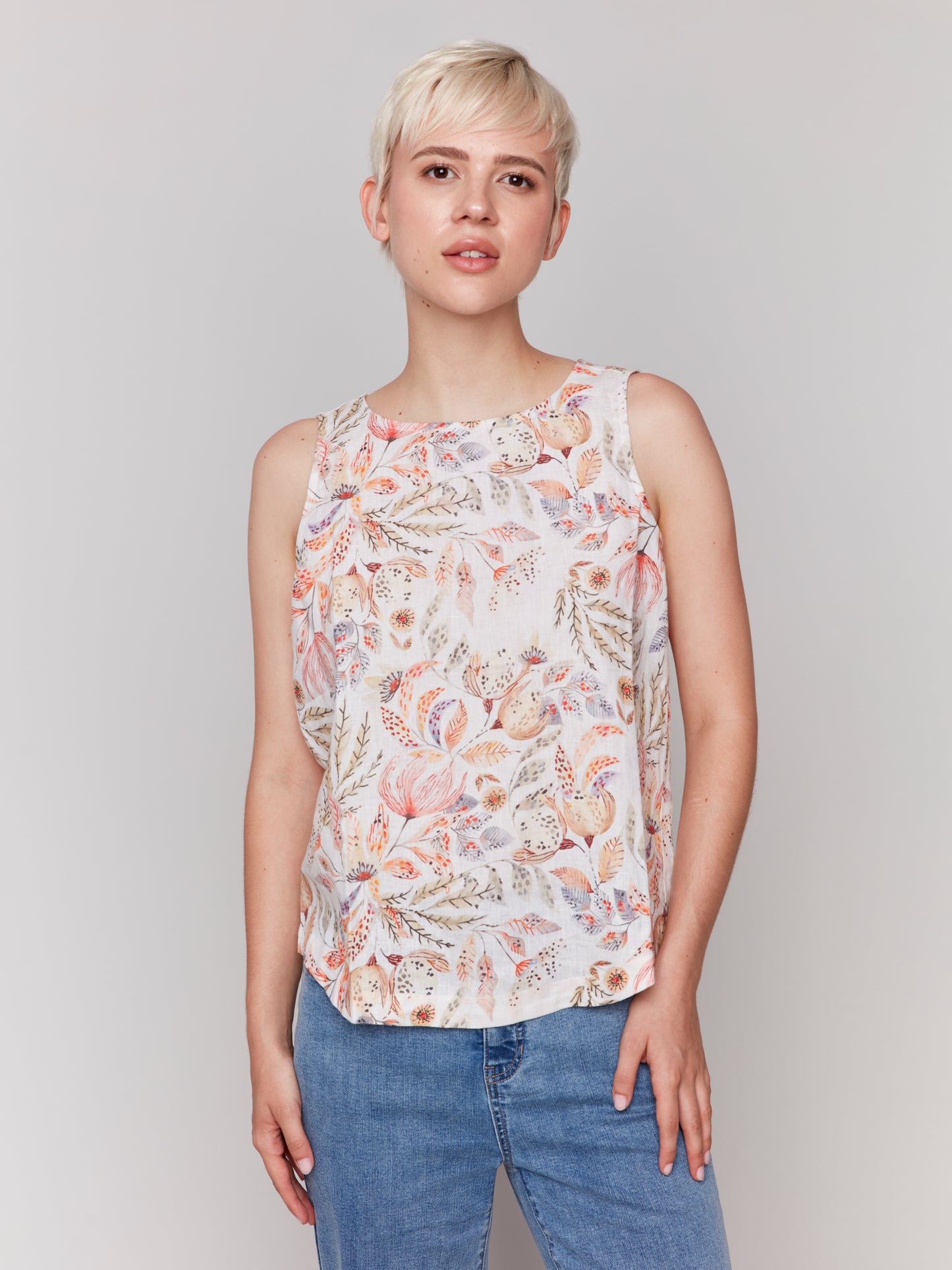 Printed Sleeveless Top with Rounded Hem