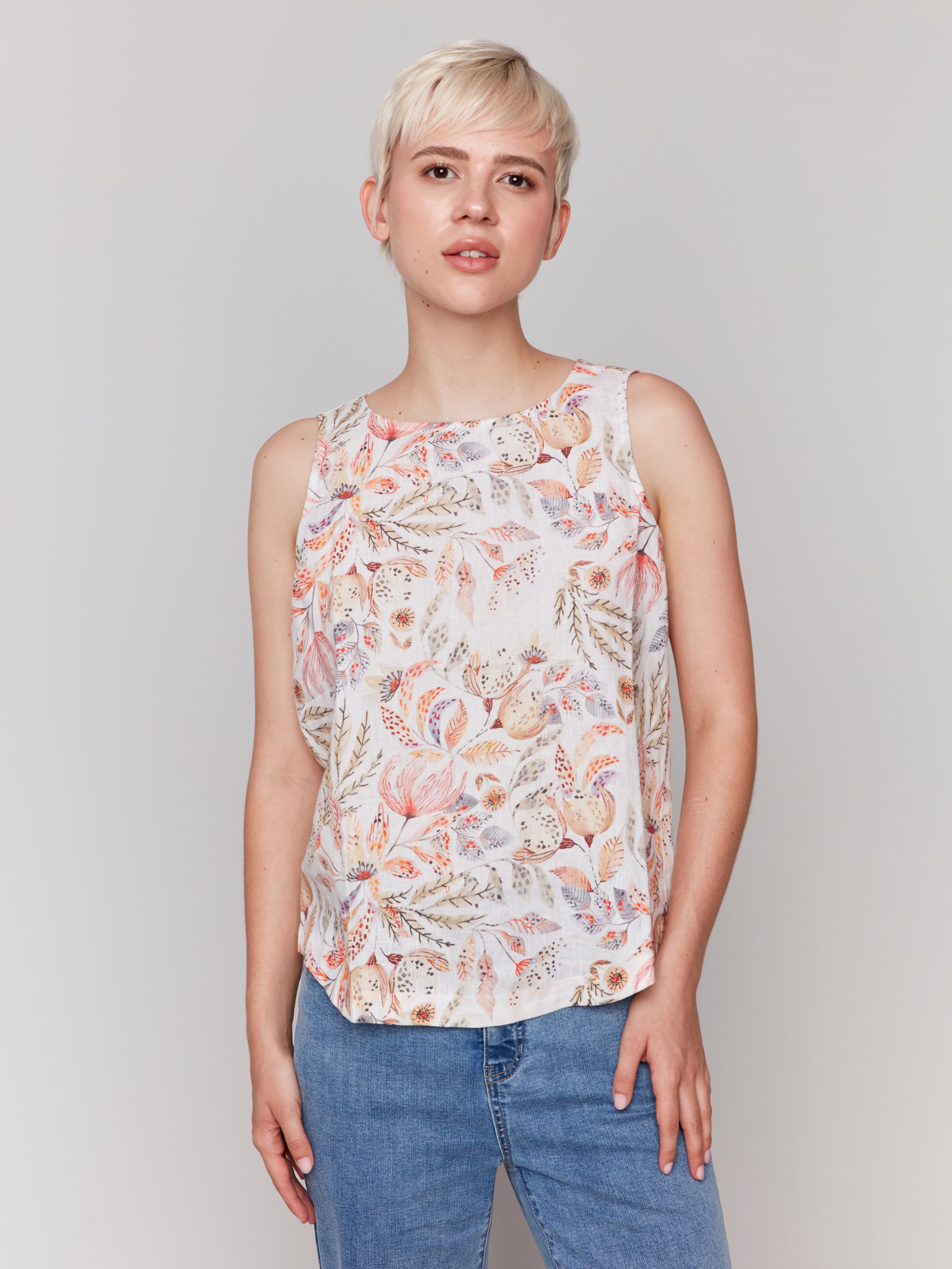 Printed Sleeveless Top with Rounded Hem