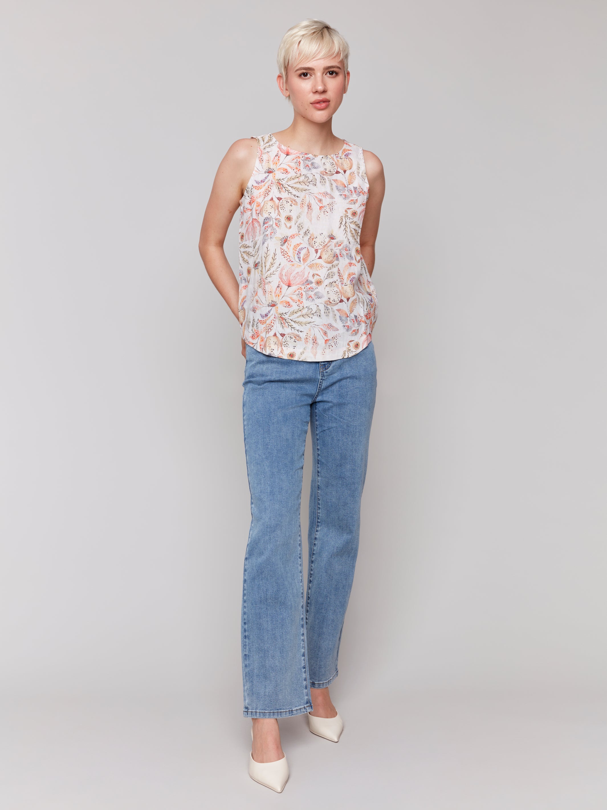 Printed Sleeveless Top with Rounded Hem