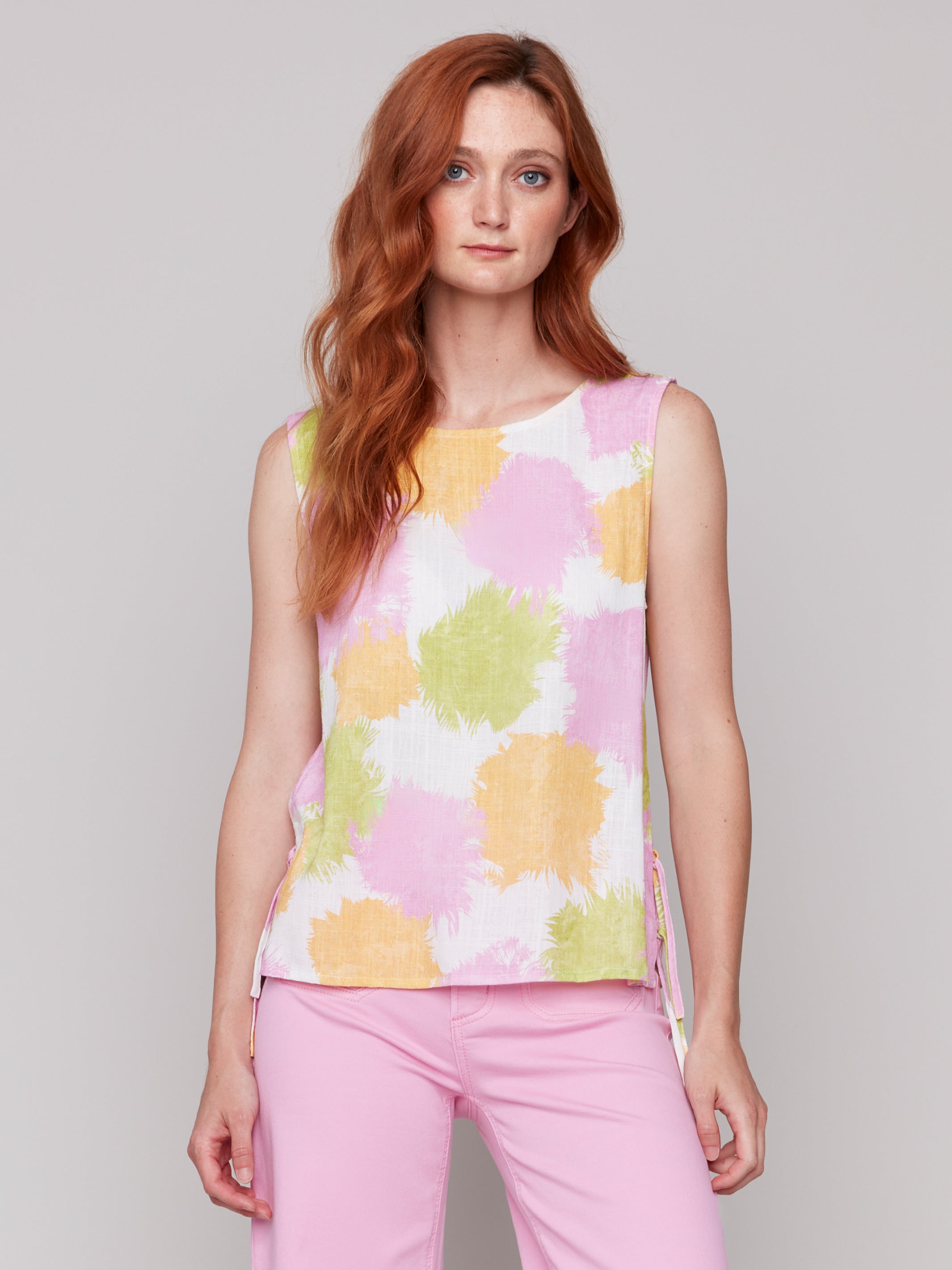 Printed Sleeveless Linen Blend Top with Side Ties