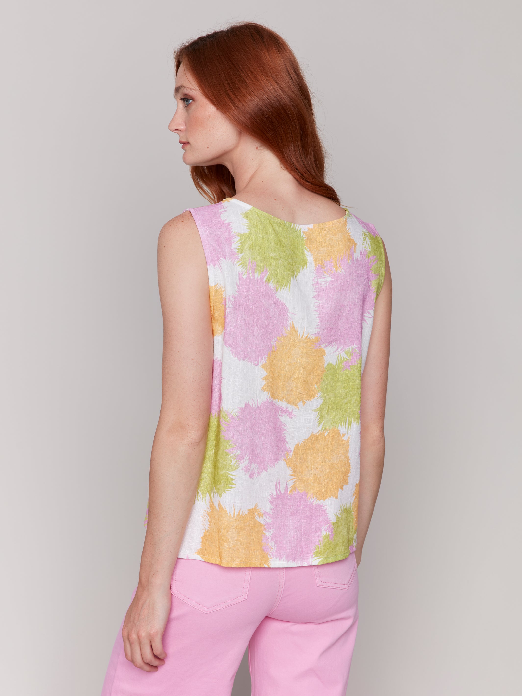 Printed Sleeveless Linen Blend Top with Side Ties