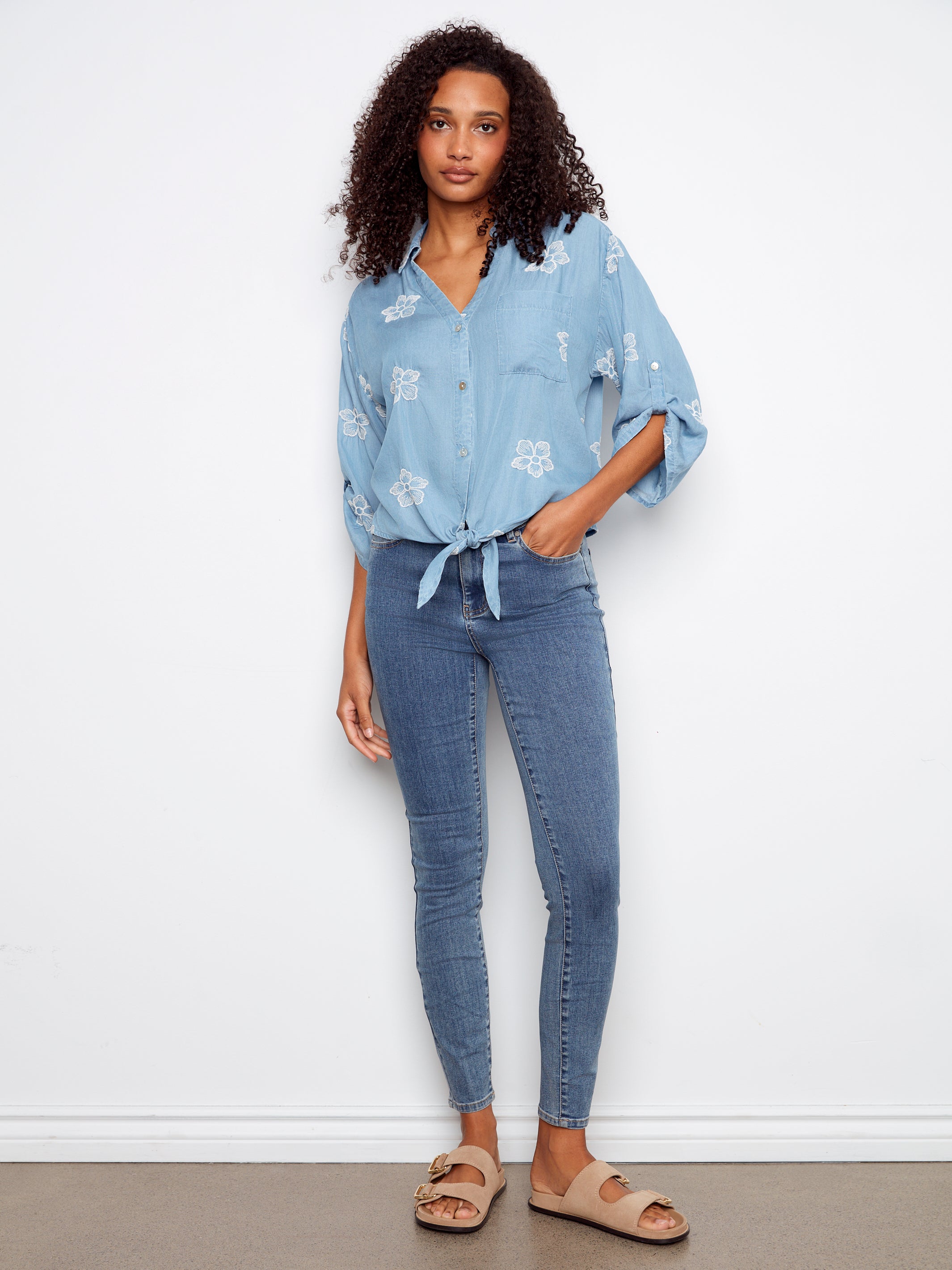 Embroidered Tencel Blouse with Front Tie