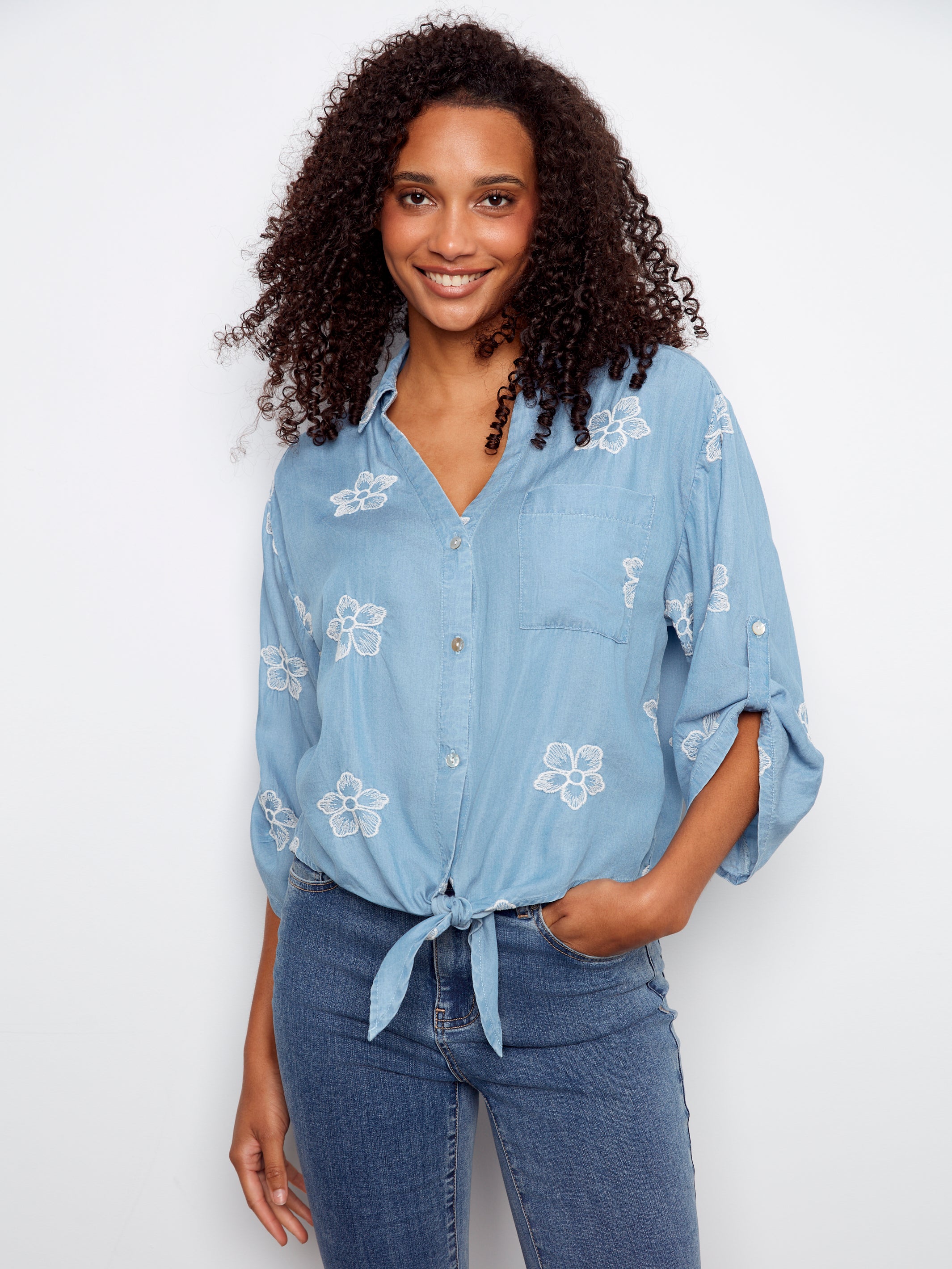 Embroidered Tencel Blouse with Front Tie
