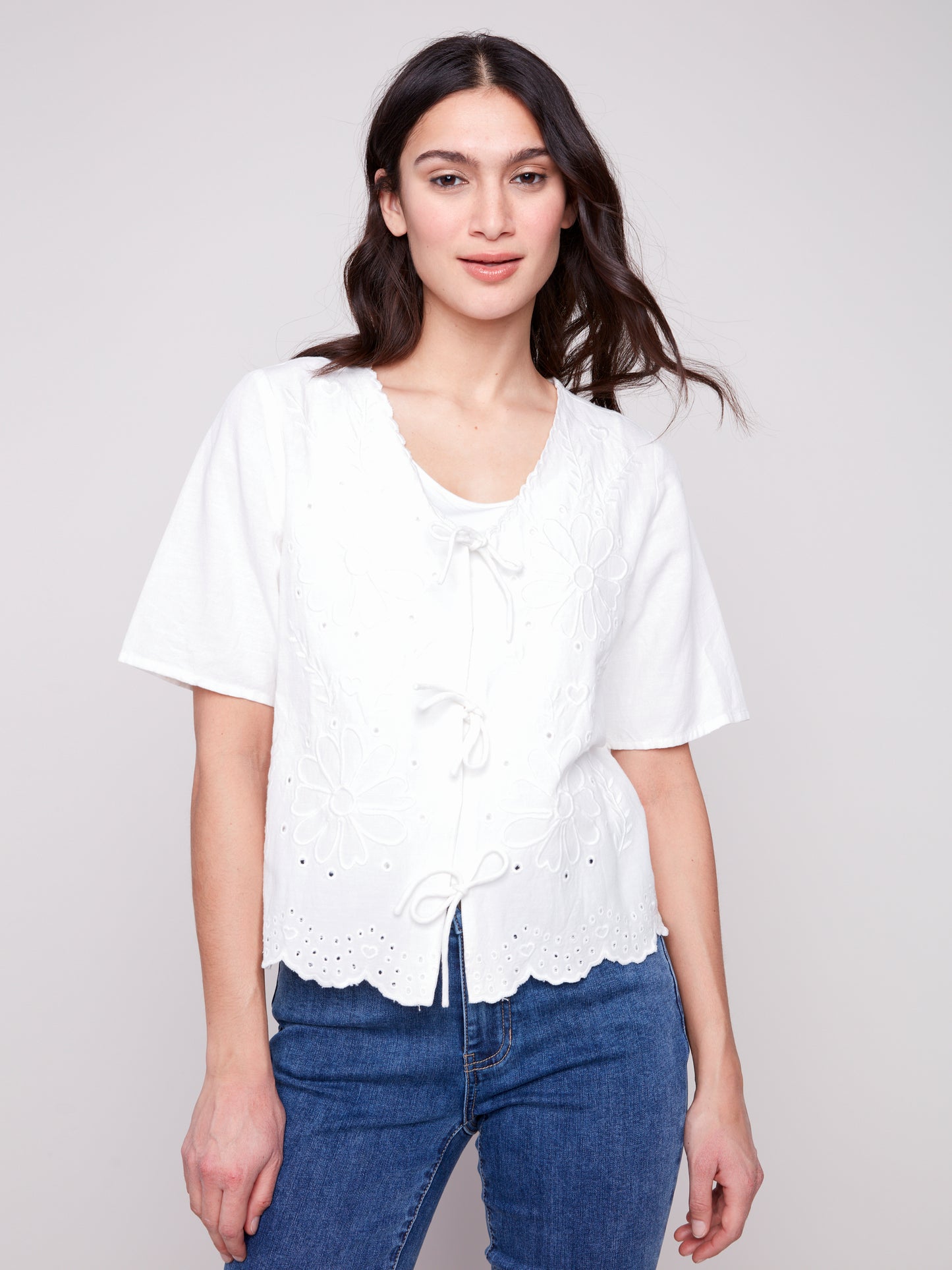 Eyelet Embroidery V-Neck Blouse with Front Ties