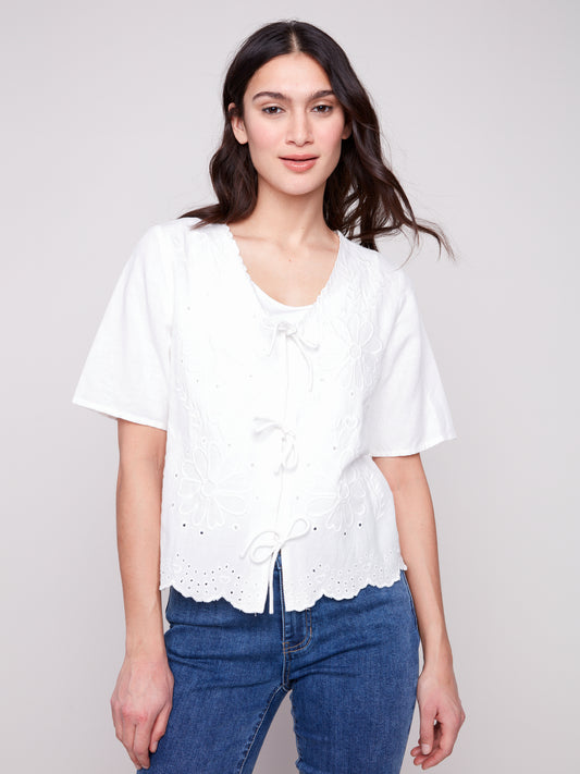 Eyelet Embroidery V-Neck Blouse with Front Ties