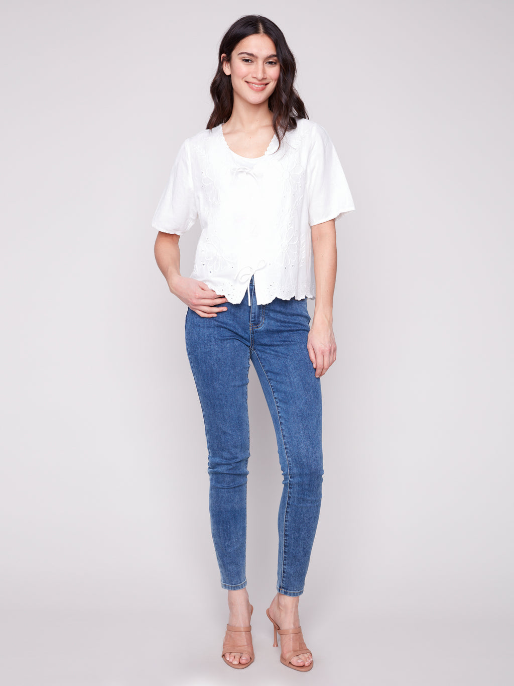 Eyelet Embroidery V-Neck Blouse with Front Ties